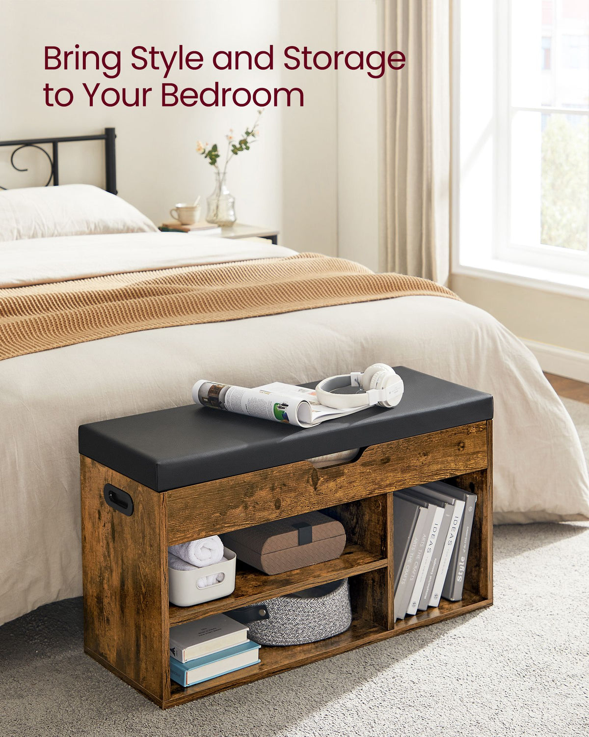 Storage Bench with Cushion - Padded Seat - 3 Compartments