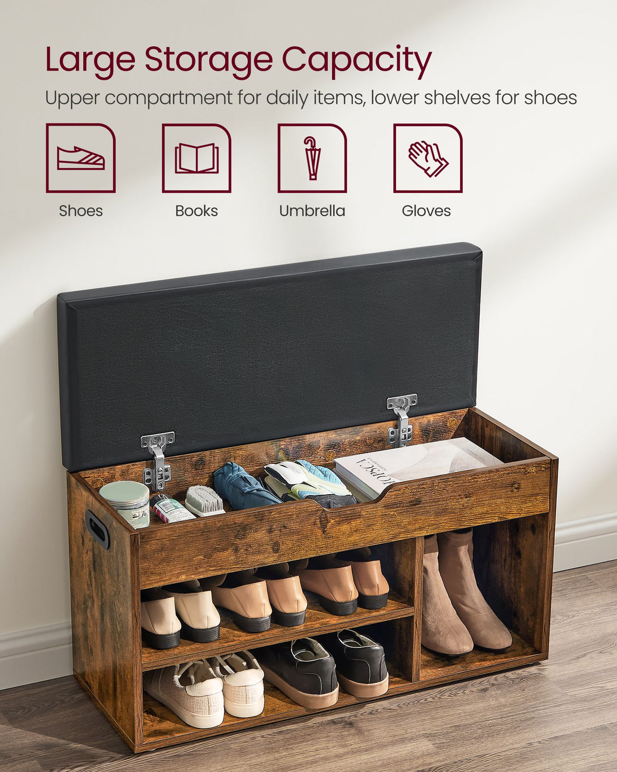 Storage Bench with Cushion - Padded Seat - 3 Compartments