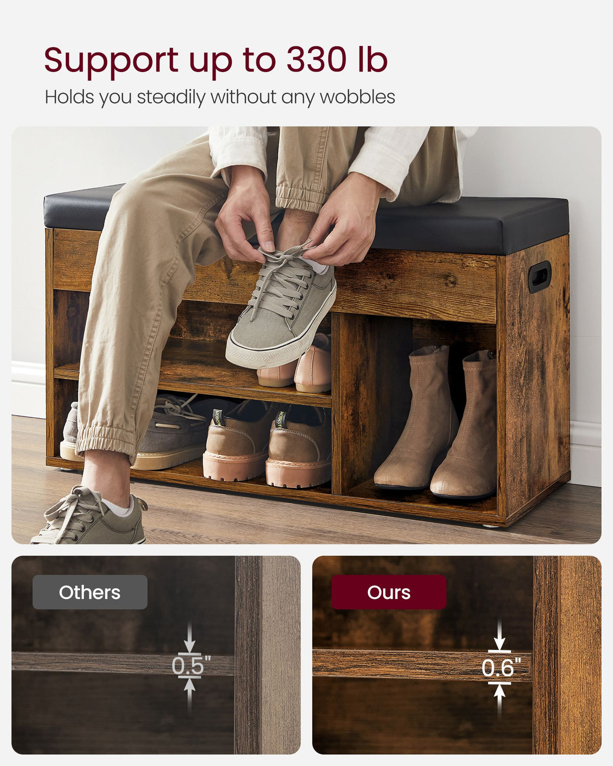 Storage Bench with Cushion - Padded Seat - 3 Compartments