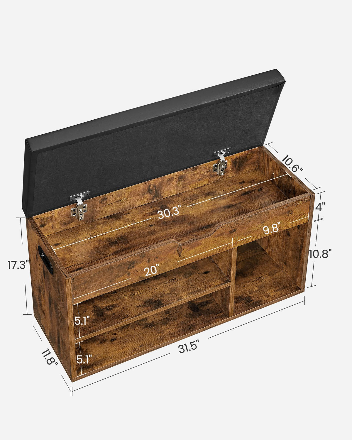 Storage Bench with Cushion - Padded Seat - 3 Compartments