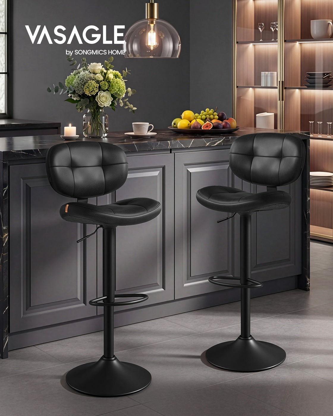PU Leather Swivel Bar Stools with Back and Footrest - Ink Black