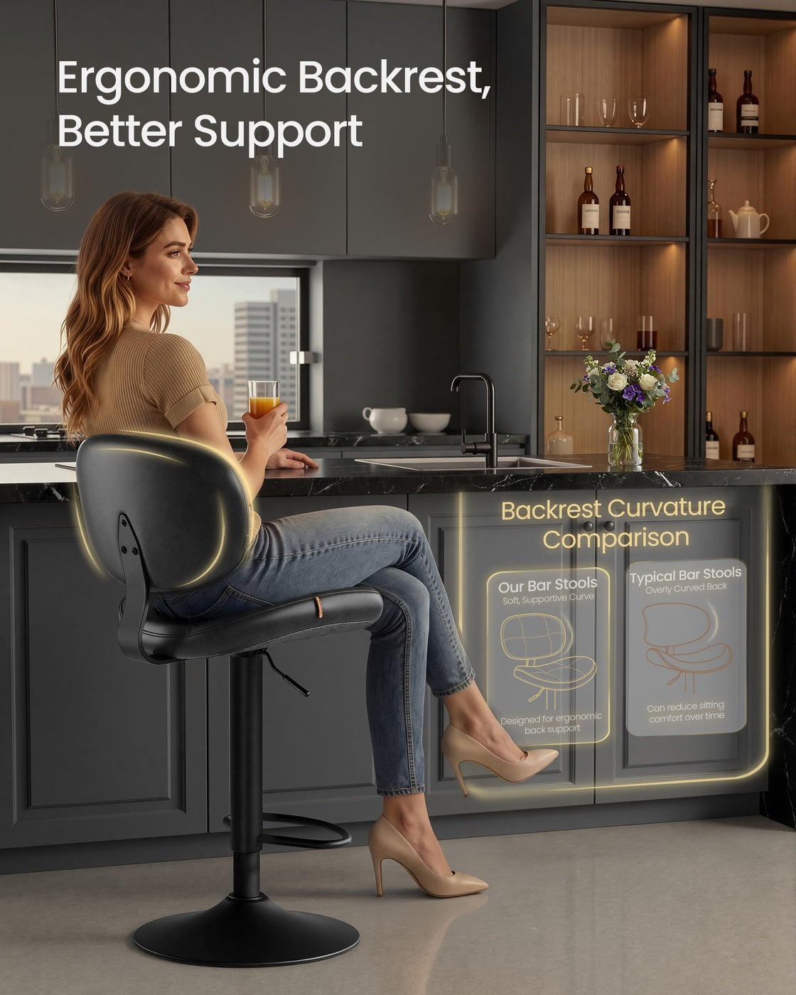 PU Leather Swivel Bar Stools with Back and Footrest - Ink Black