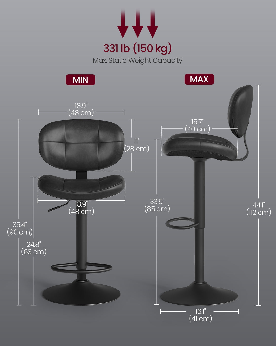 PU Leather Swivel Bar Stools with Back and Footrest - Ink Black