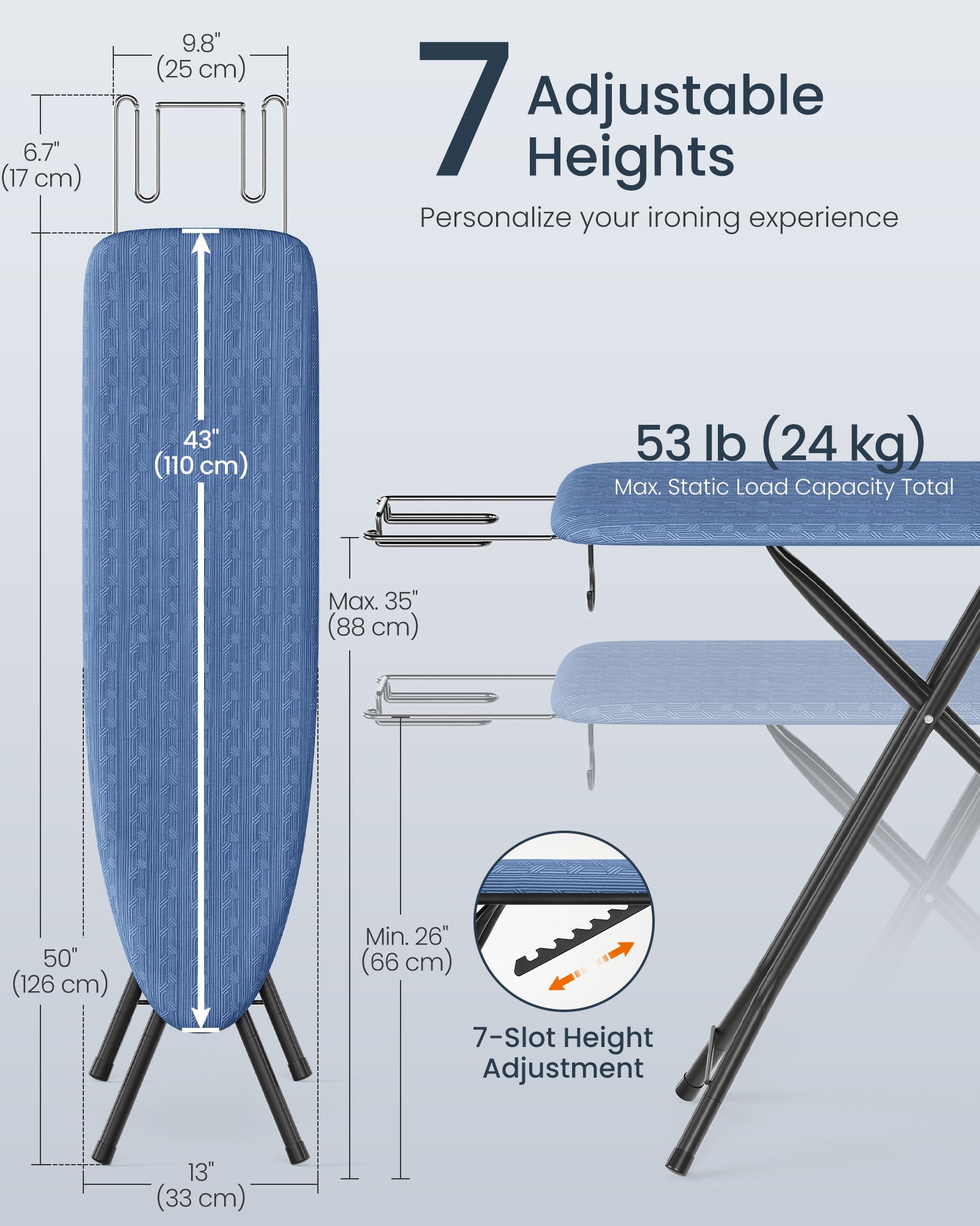 Ironing Board - Foldable Iron Board - Height Adjustable Up - Blue
