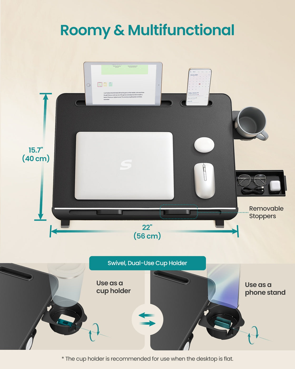 Foldable Bed Laptop Desk - Adjustable Tilt - Cup Holder