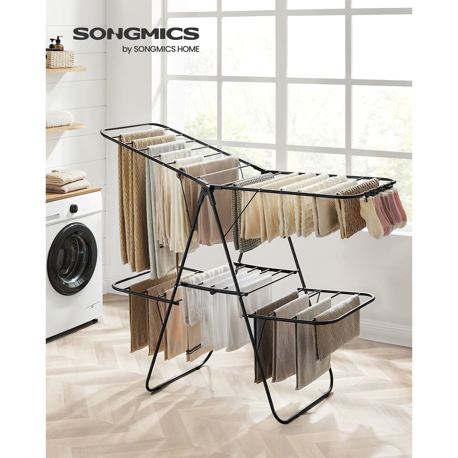 Foldable 2-Level Clothes Drying Rack with Height-Adjustable Wings - Black