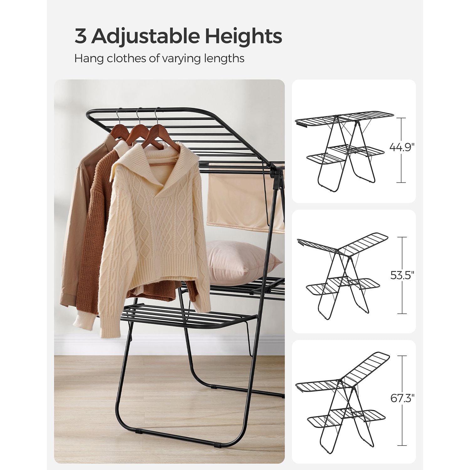 Foldable 2-Level Clothes Drying Rack with Height-Adjustable Wings - Black