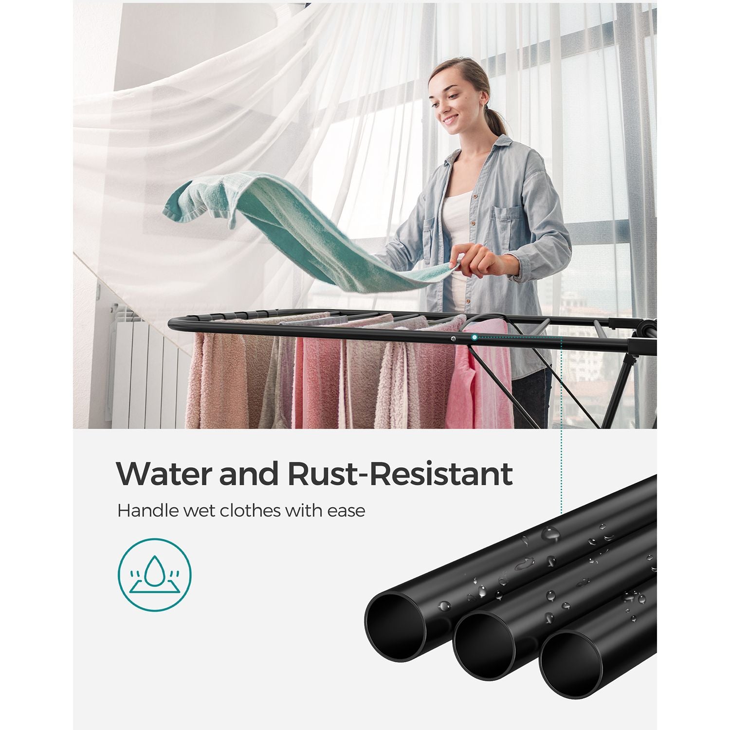 Foldable 2-Level Clothes Drying Rack with Height-Adjustable Wings - Black