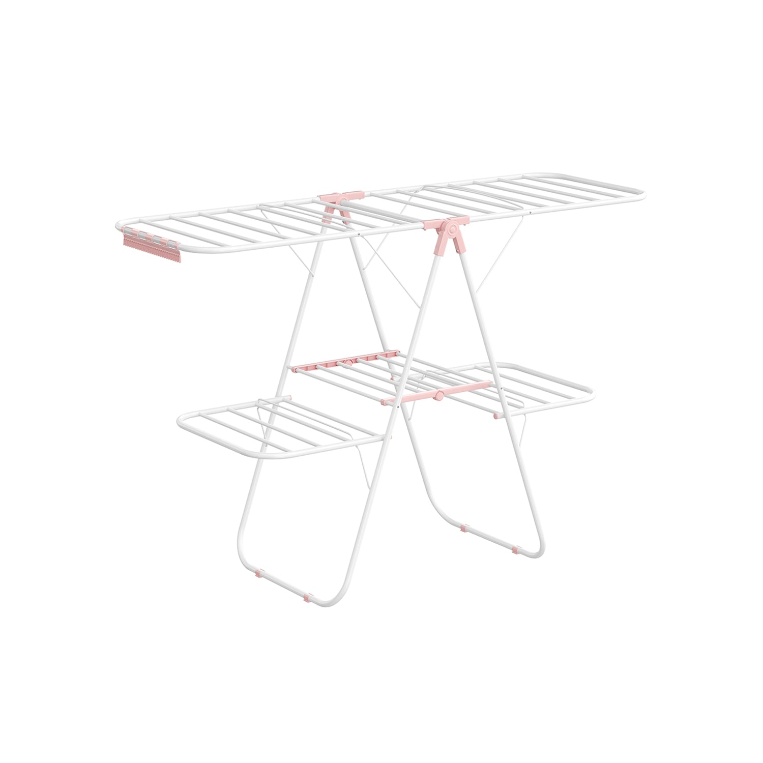 Foldable 2-Level Clothes Drying Rack with Height-Adjustable Wings - White, Pink
