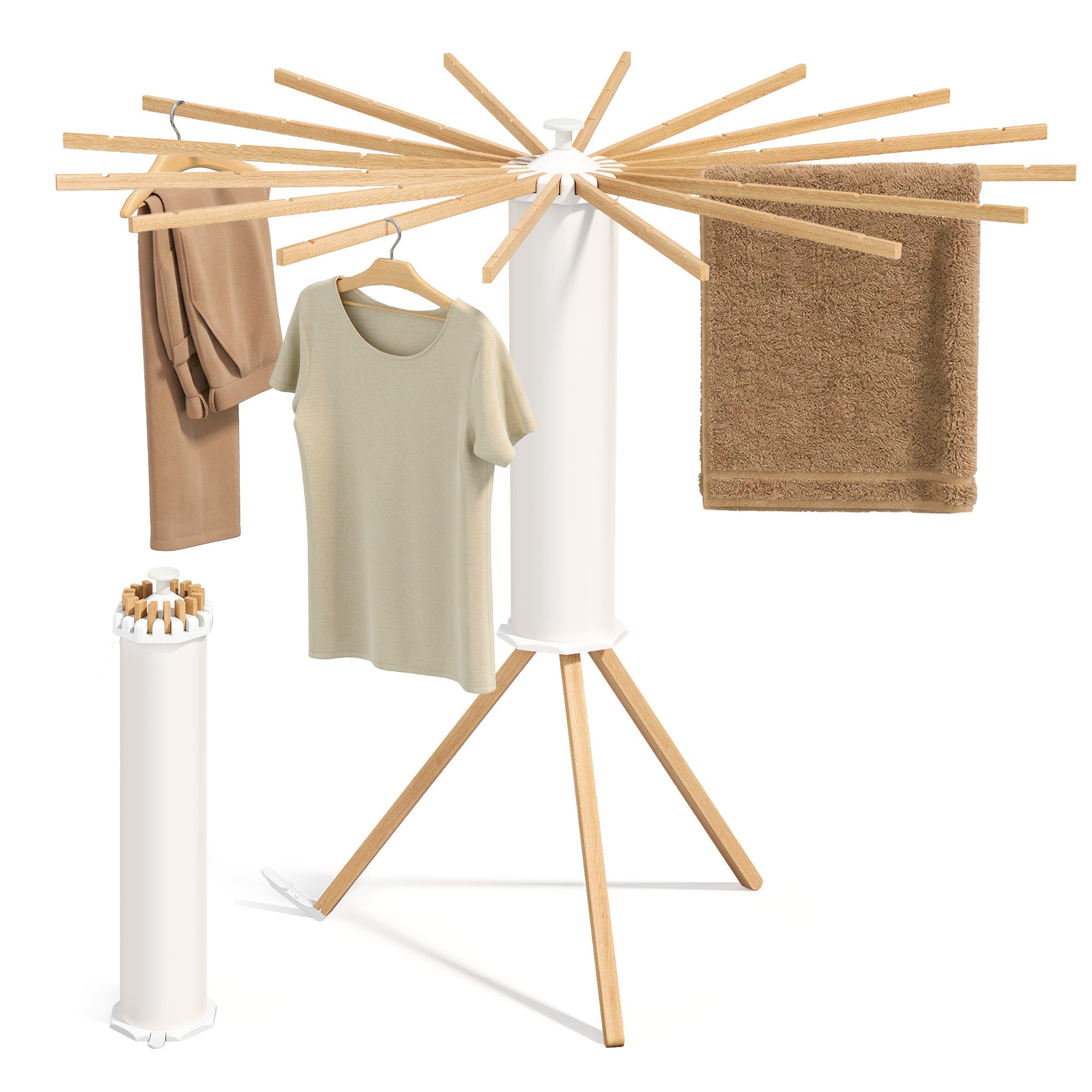 Foldable Rotary Laundry Drying Rack for Indoor & Outdoor Use with 16 Pull-Out Arms - Natural