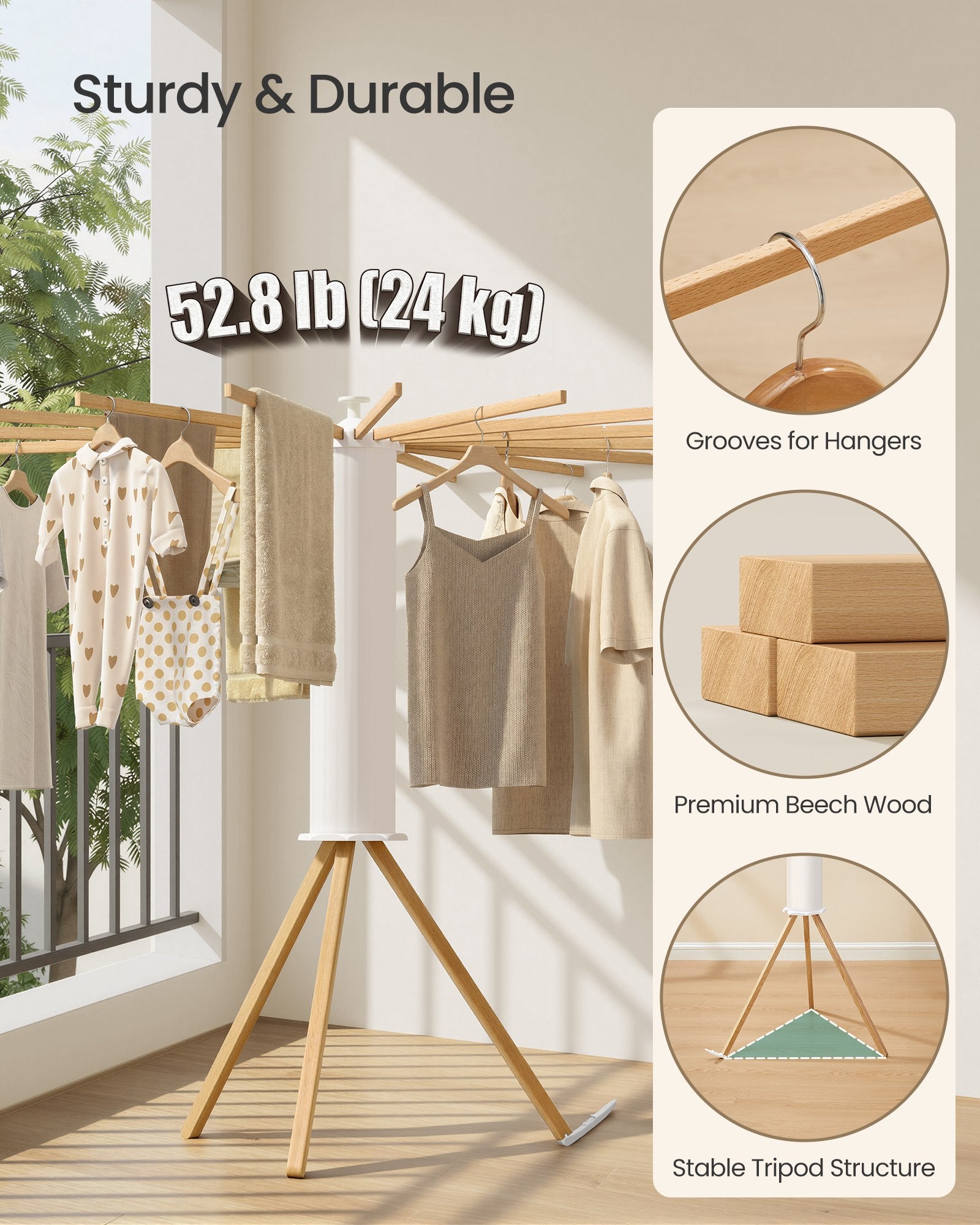 Foldable Rotary Laundry Drying Rack for Indoor & Outdoor Use with 16 Pull-Out Arms - Natural
