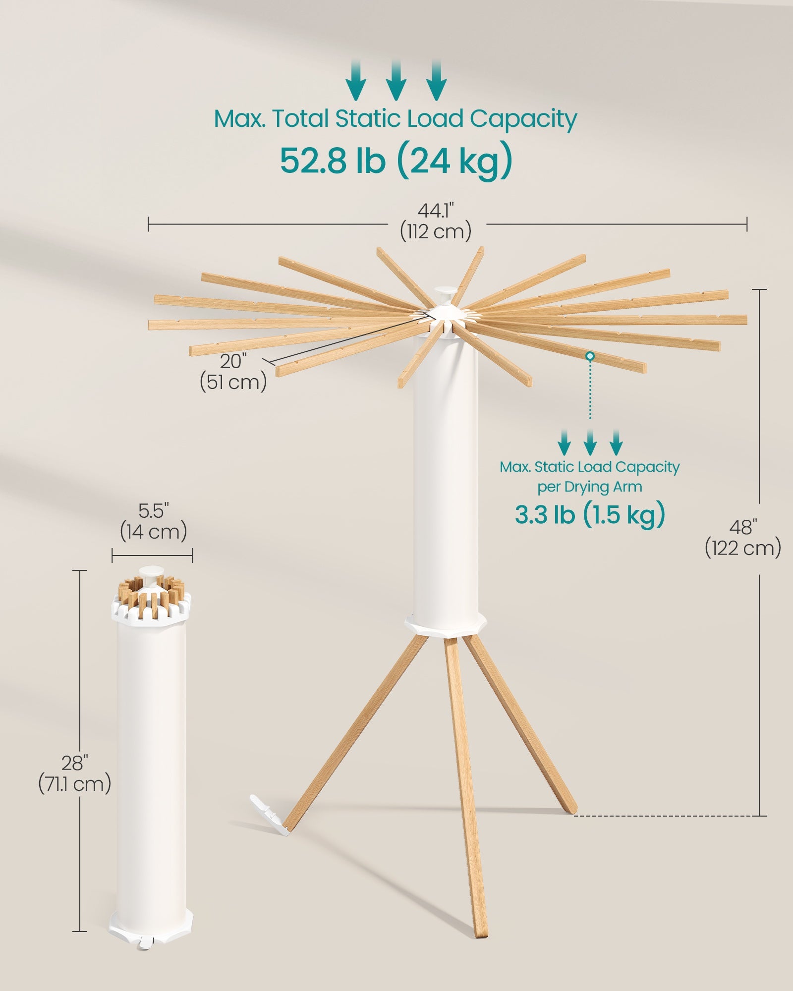 Foldable Rotary Laundry Drying Rack for Indoor & Outdoor Use with 16 Pull-Out Arms - Natural