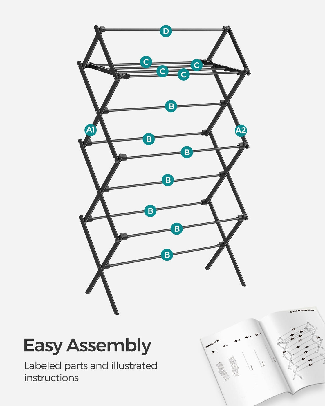 Foldable Clothes Drying Rack - 14.6 x 29.5 x 53.2 Inches - Black - Black