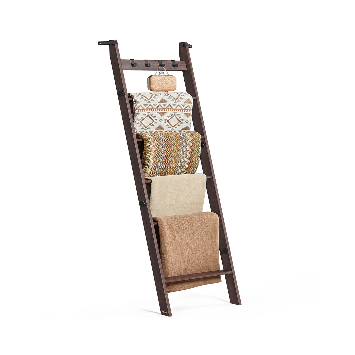 Blanket Ladder 5-Tier Ladder Shelf 4 Removable Hooks Maroon Brown - Maroon Brown - 17"W x 70"H