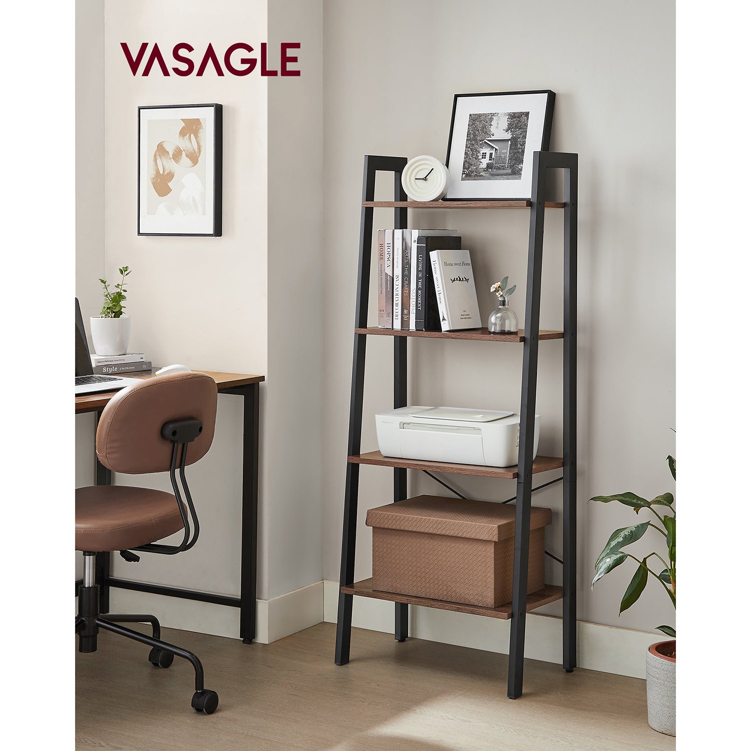 4-Tier Ladder Shelf with Steel Frame - Hazelnut Brown, Black