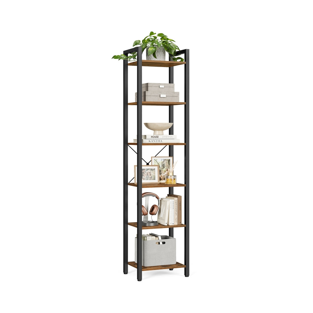 4-Tier Bookshelf - 9.4 x 15.7 x 42 Inches - Brown and Black - Rustic Brown, Ink Black - 11.8"D x 15.7"W x 73.2"H