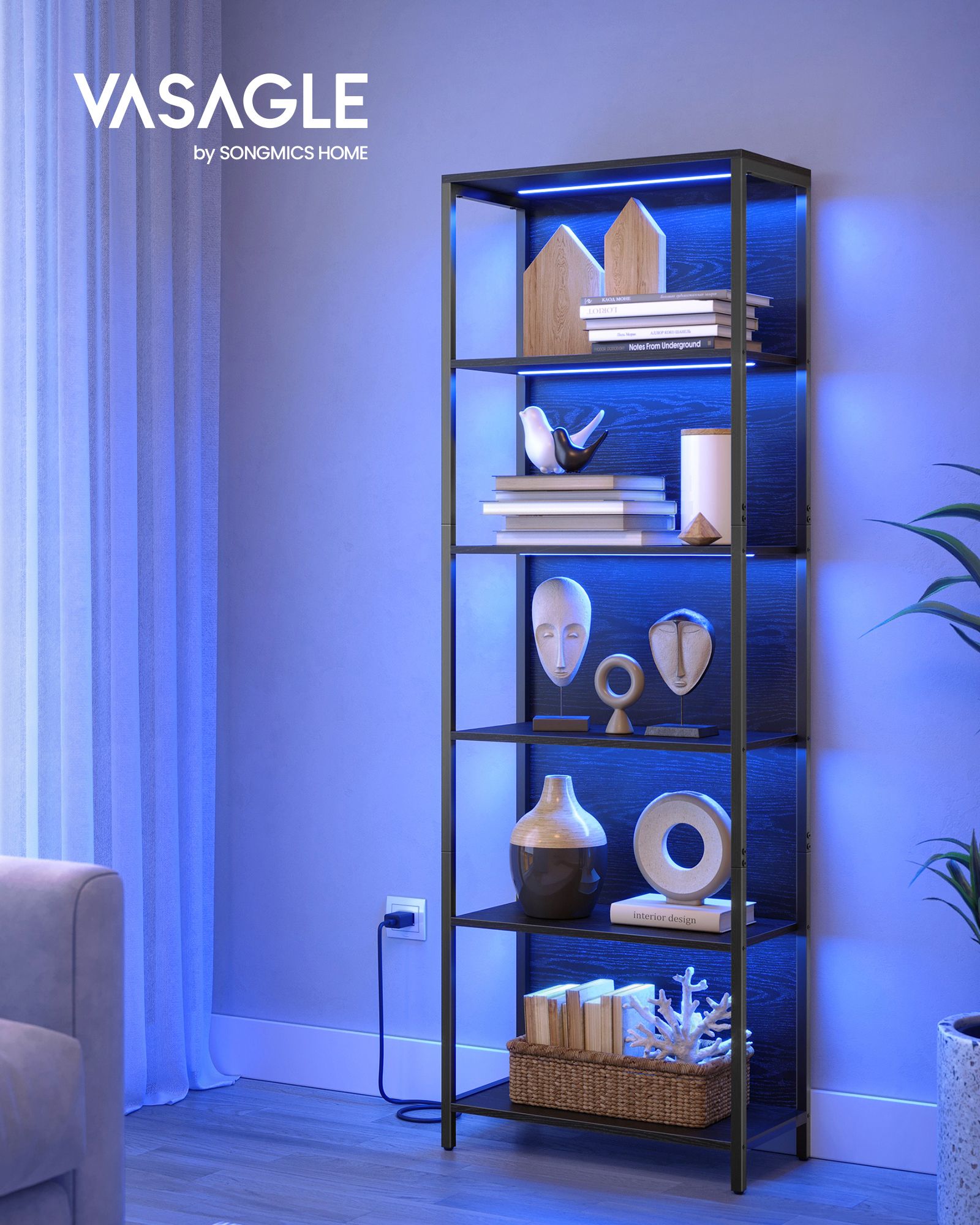 6-Tier LED Bookshelf with Dimmable Lights - Black with Wood Grain