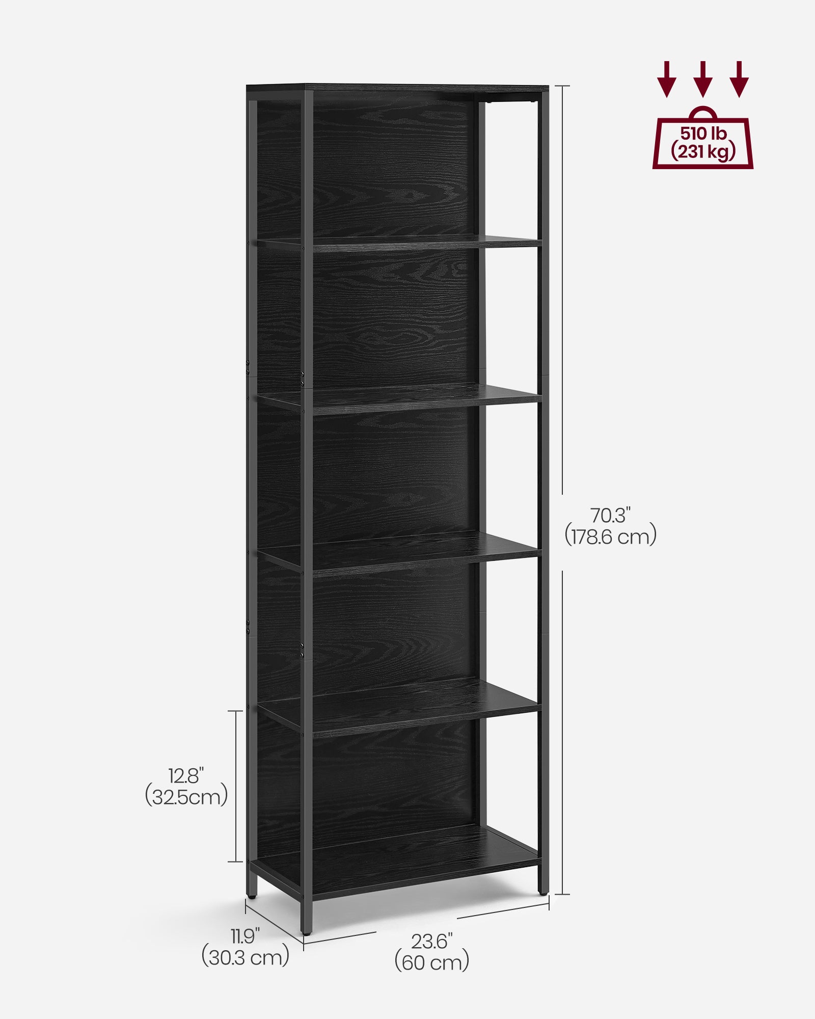 6-Tier LED Bookshelf with Dimmable Lights - Black with Wood Grain