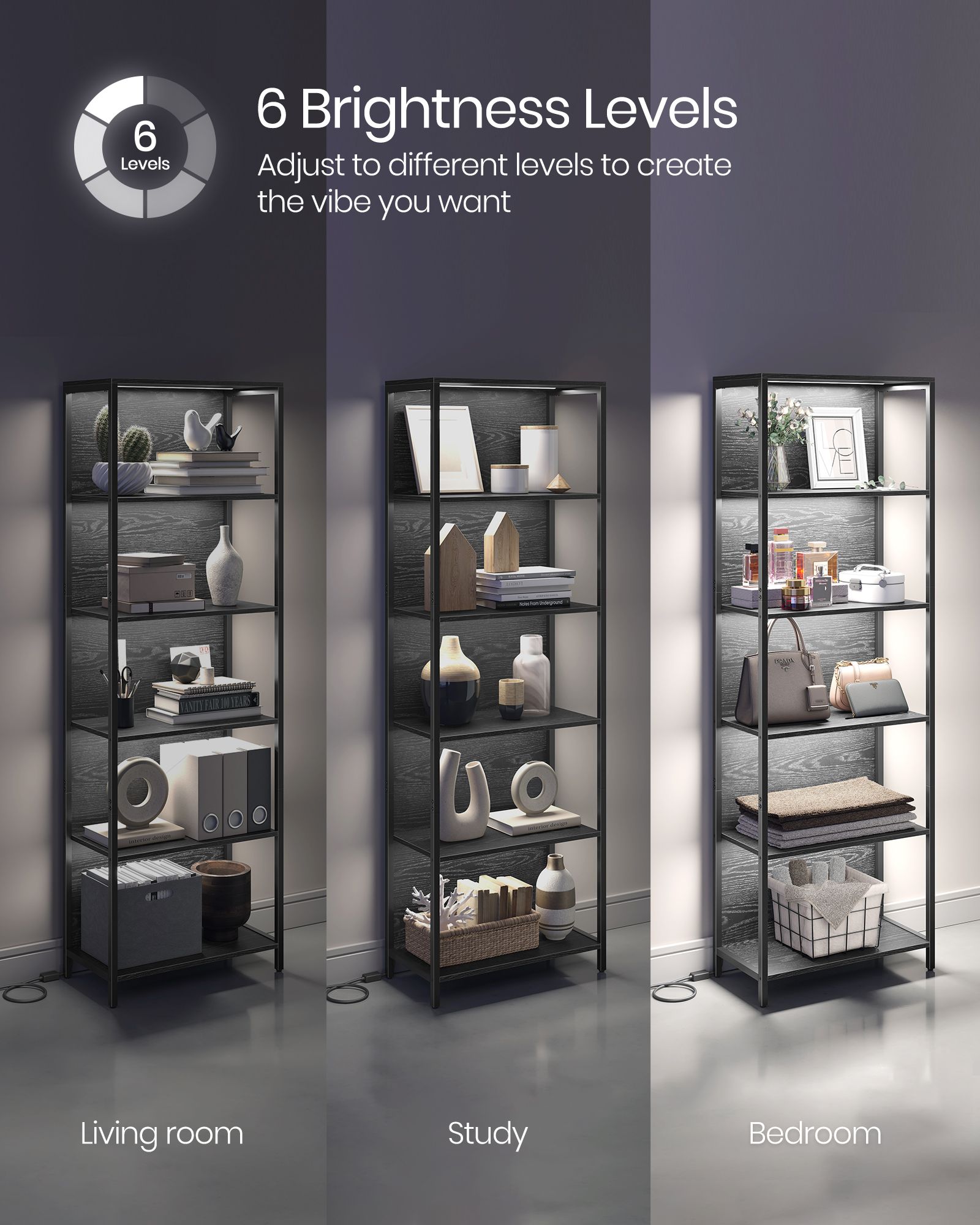 6-Tier LED Bookshelf with Dimmable Lights - Black with Wood Grain