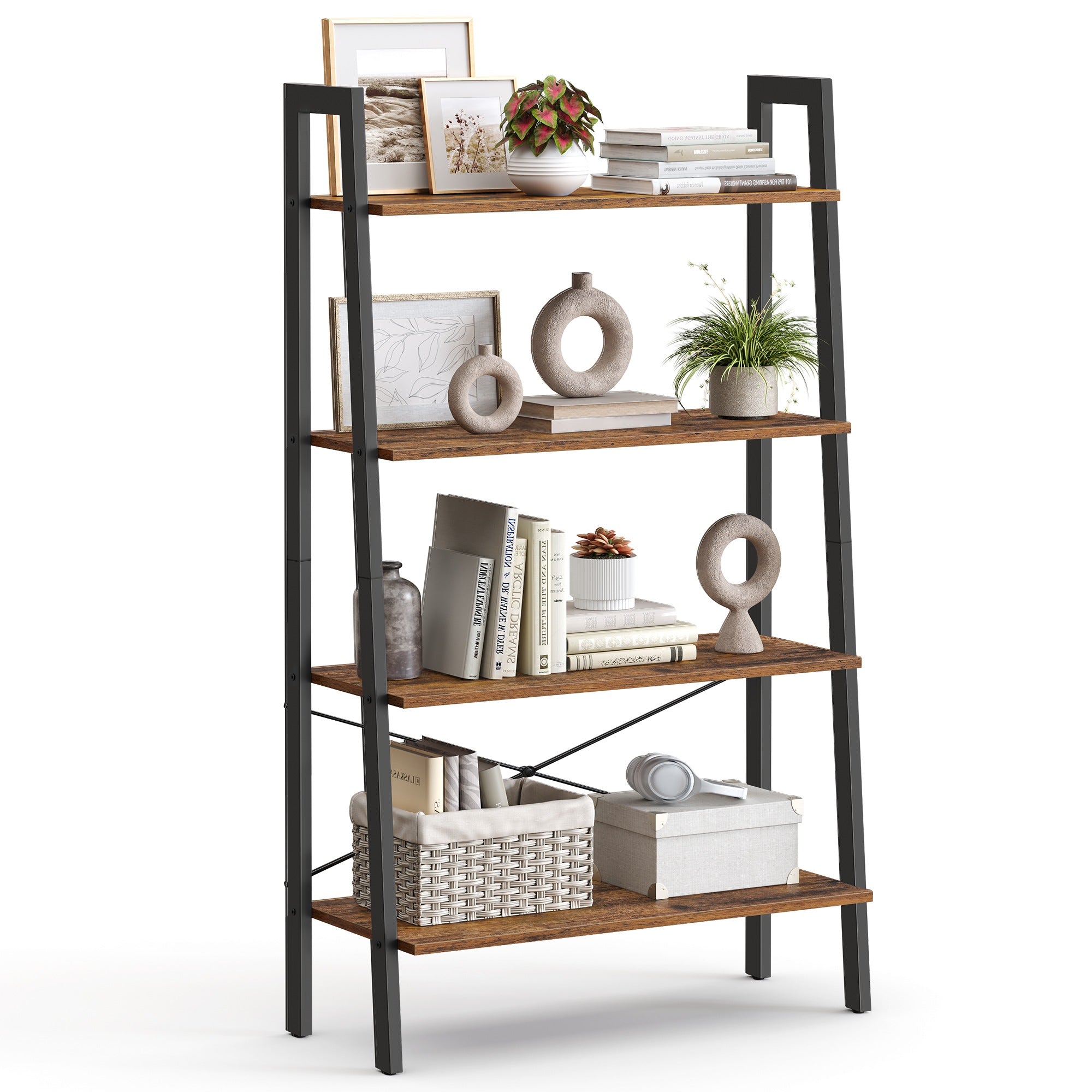 4-Tier Ladder Shelf with Steel Frame - Rustic Brown, Matte Black