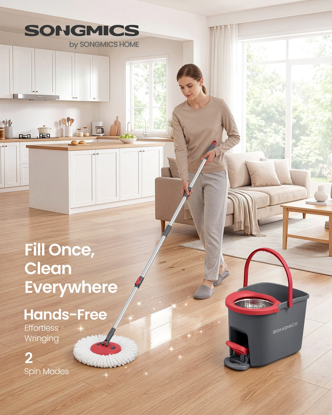 Spin Mop and Bucket Set with Pedal Wringer - Gray, Red
