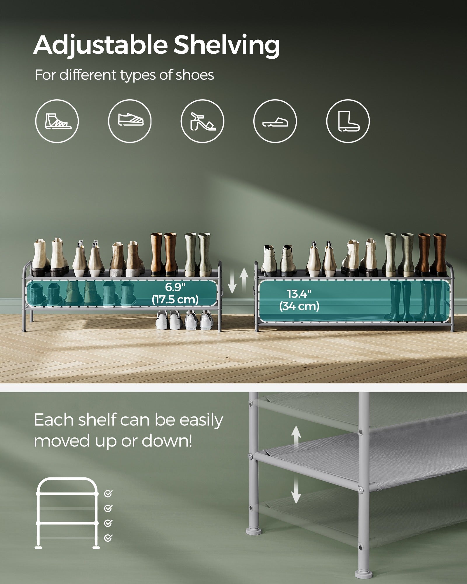 2 Tier Shoe Organizer Holds Up to 12 Pairs of Shoes - Dove Gray
