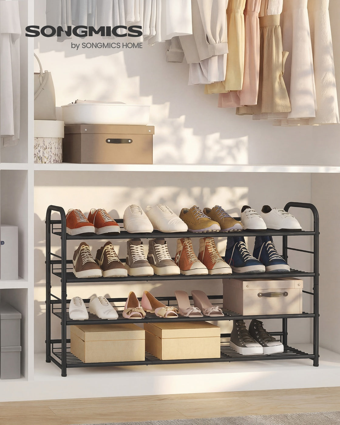 Shoe Rack - 4 Tier Shoe Organizer for Closet - Holds Up to 20 Pairs of Shoes - Shoe Rack for Front Door Entrance - Metal Shoe Shelf with Adjustable Tilt Angle - for Entryway - Garage - Black