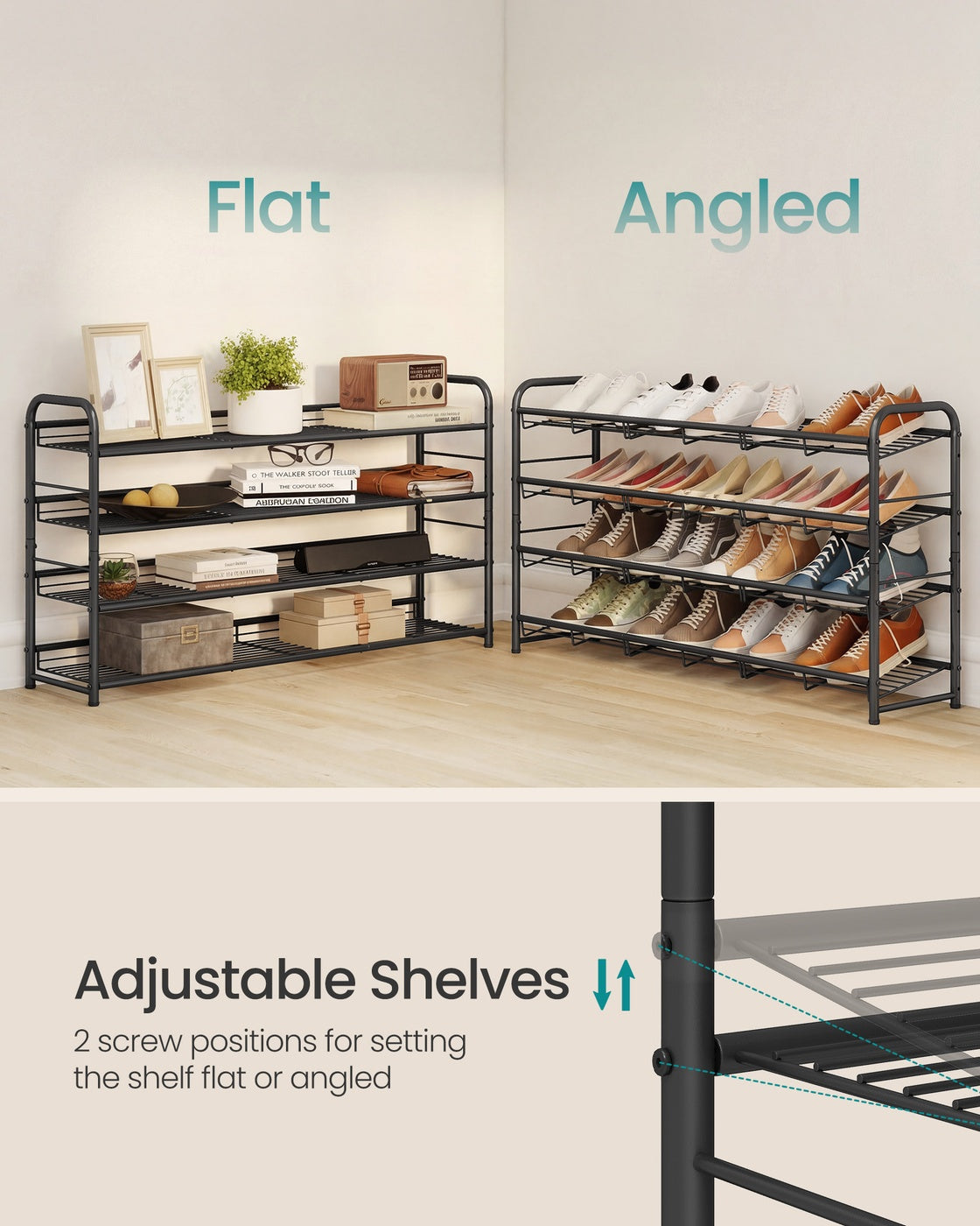 Shoe Rack - 4 Tier Shoe Organizer for Closet - Holds Up to 20 Pairs of Shoes - Shoe Rack for Front Door Entrance - Metal Shoe Shelf with Adjustable Tilt Angle - for Entryway - Garage - Black