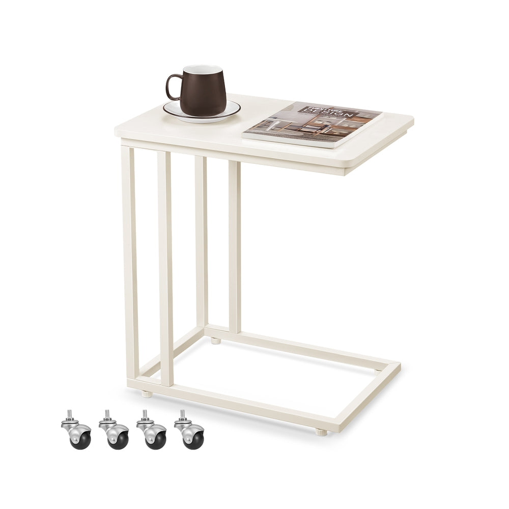 C-Shaped Side Table - Rolling Casters - For Sofa Or Bed - White