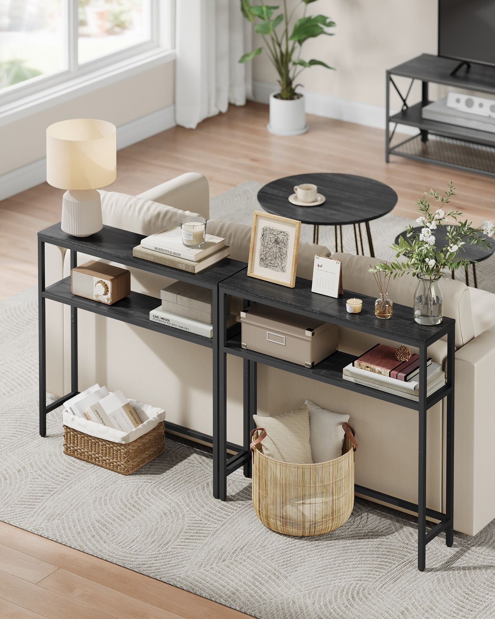 2-Tier Console Table with 2 Shelves - Charcoal Gray, Ink Black