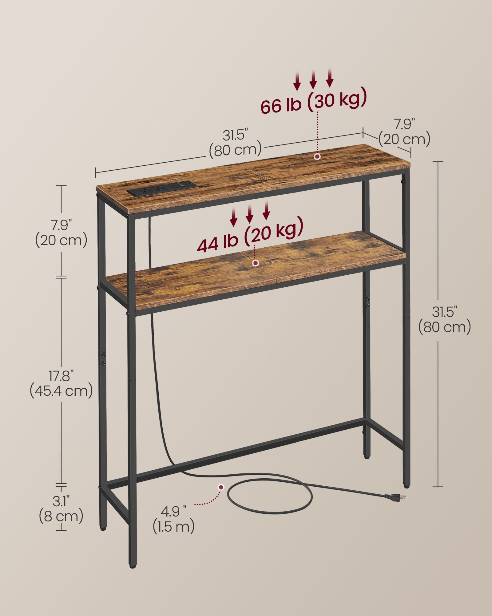 Console Table with Power Outlet - 2-Tier Narrow Sofa Table with 2 Shelves - Rustic Brown