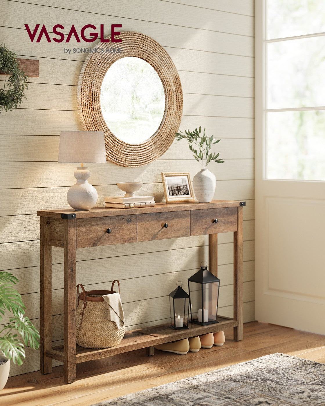 Console Table - 3 Drawers and Open Shelf - Metal Corners