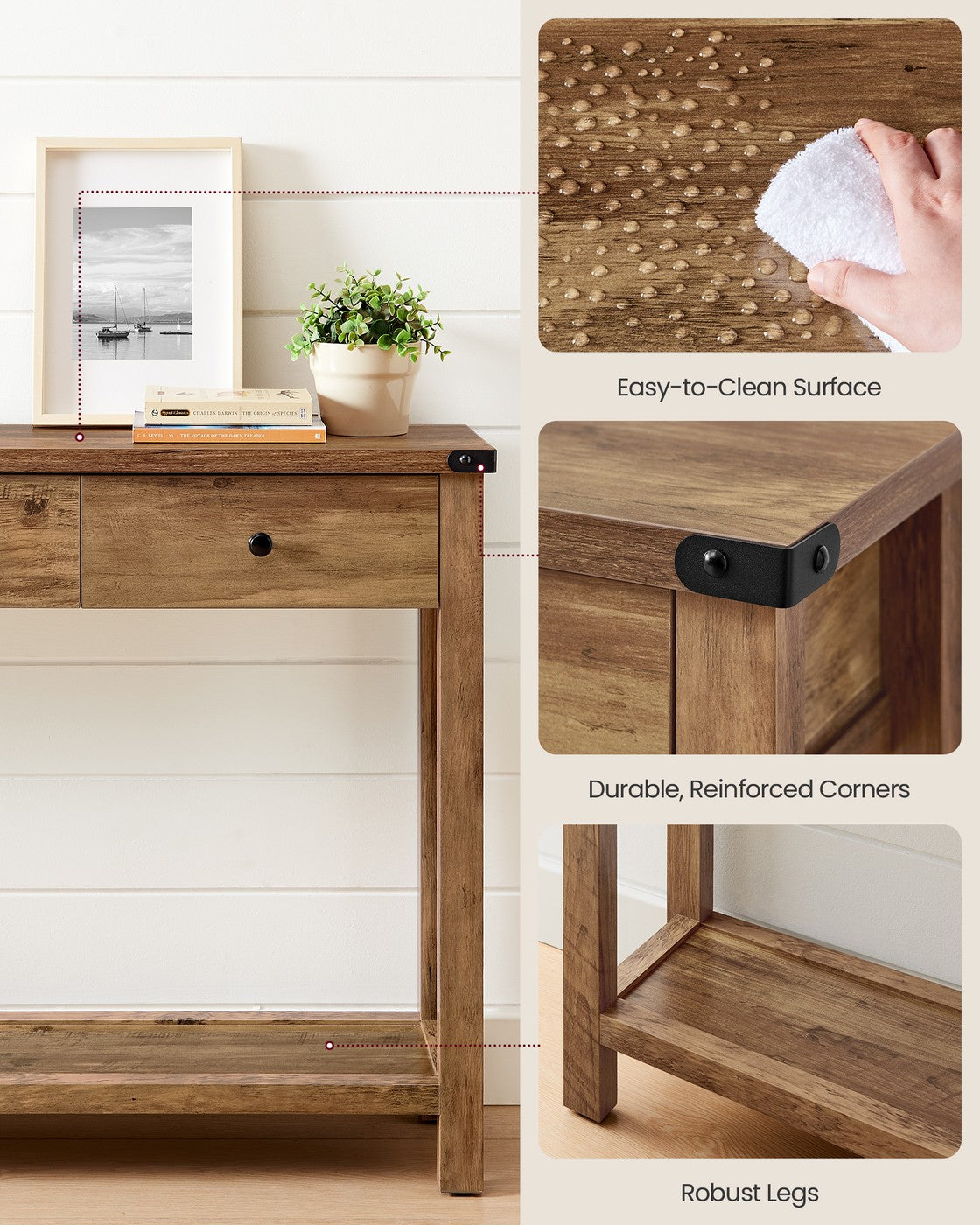 Console Table - 3 Drawers and Open Shelf - Metal Corners