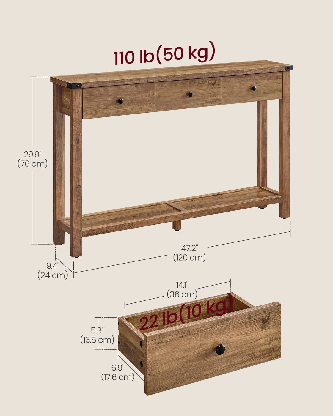 Console Table - 3 Drawers and Open Shelf - Metal Corners