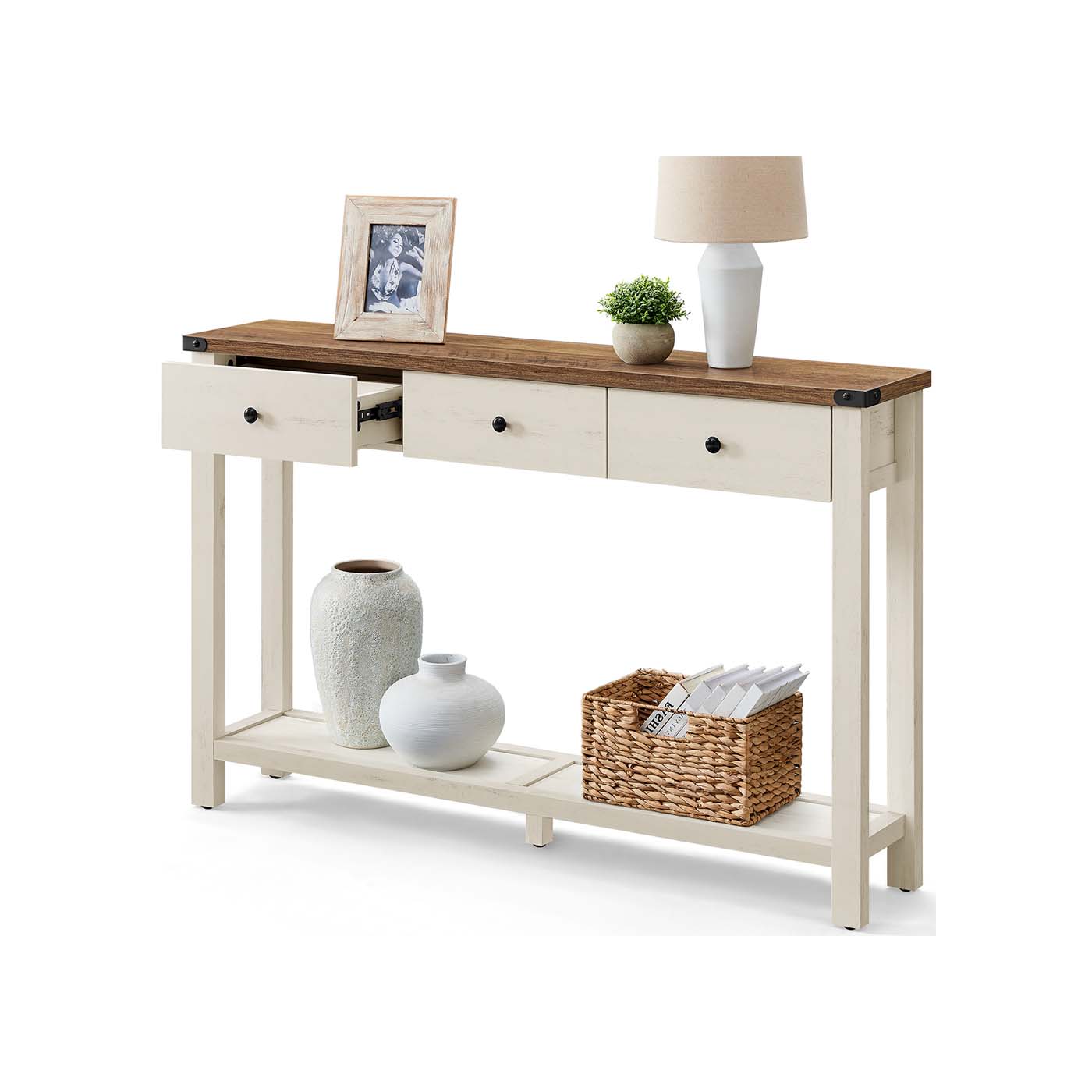 Console Table with Drawers and Open Shelf - Honey Brown, Rustic White