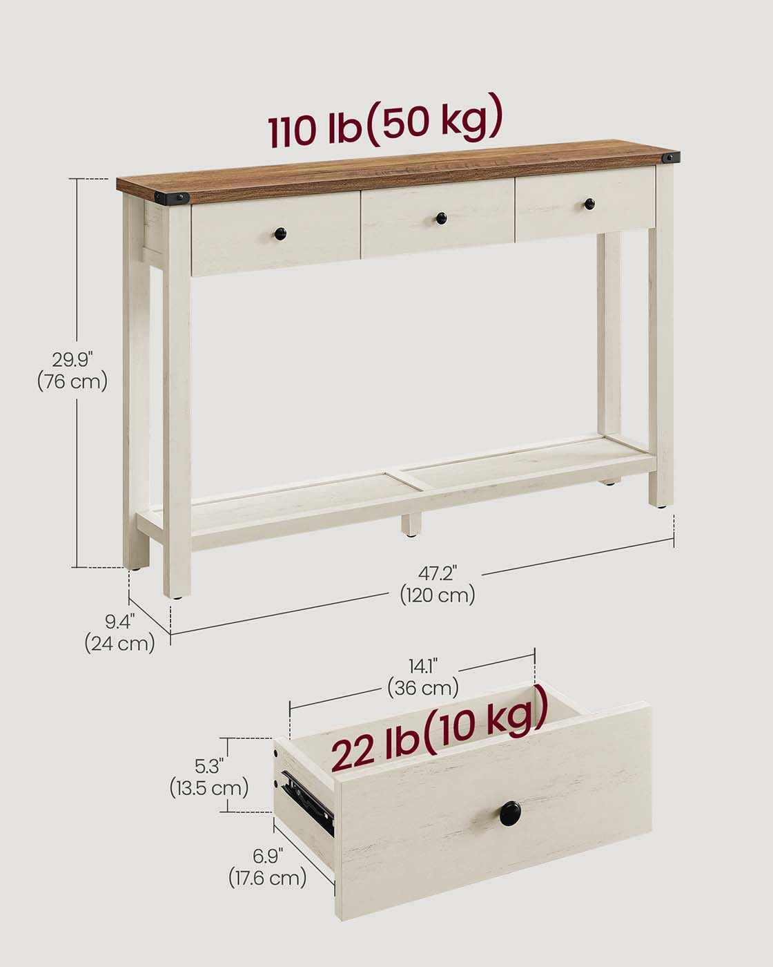 Console Table with Drawers and Open Shelf - Honey Brown, Rustic White