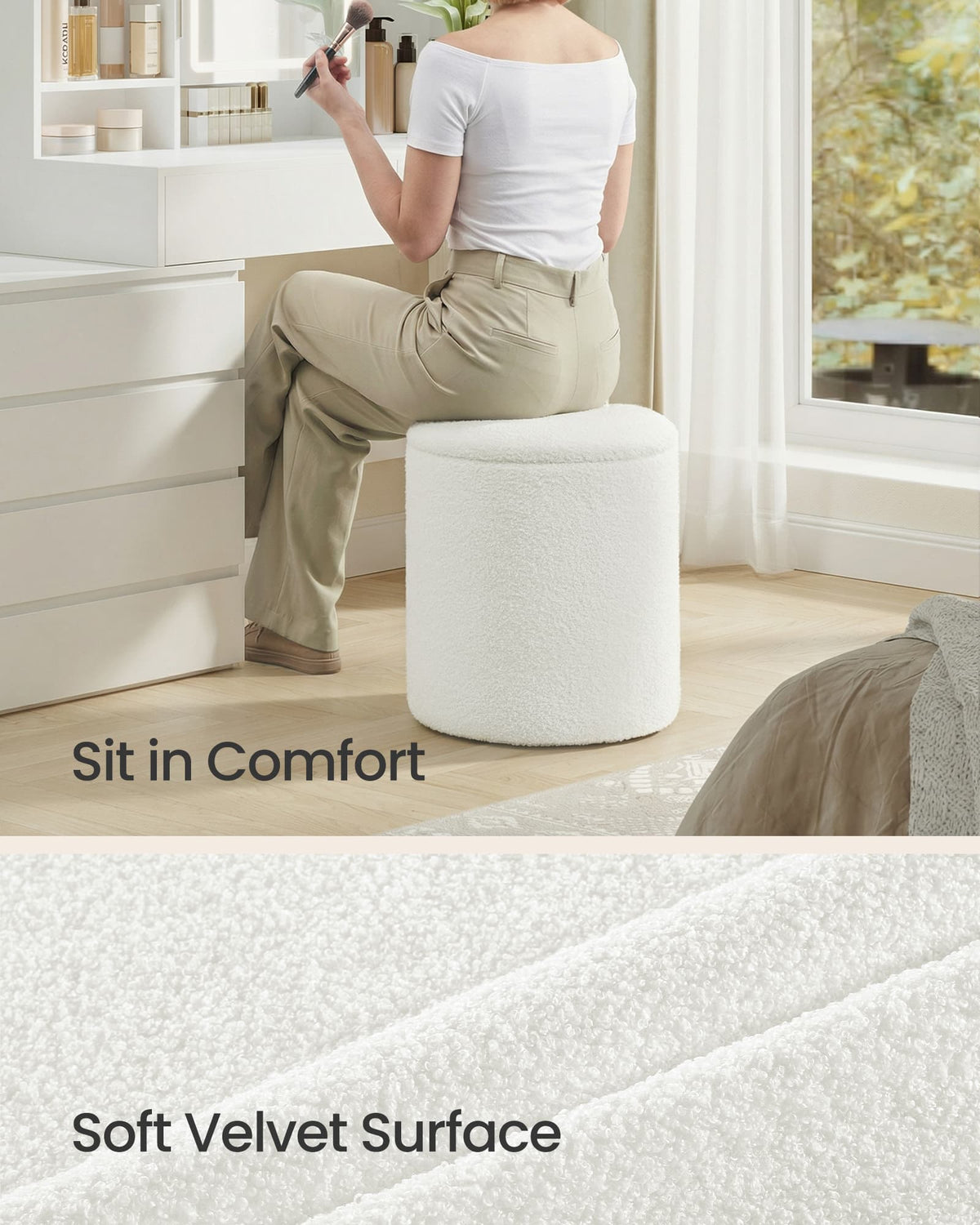 Round Storage Ottomans - Teddy Fleece - Removable Lids - Set of 2