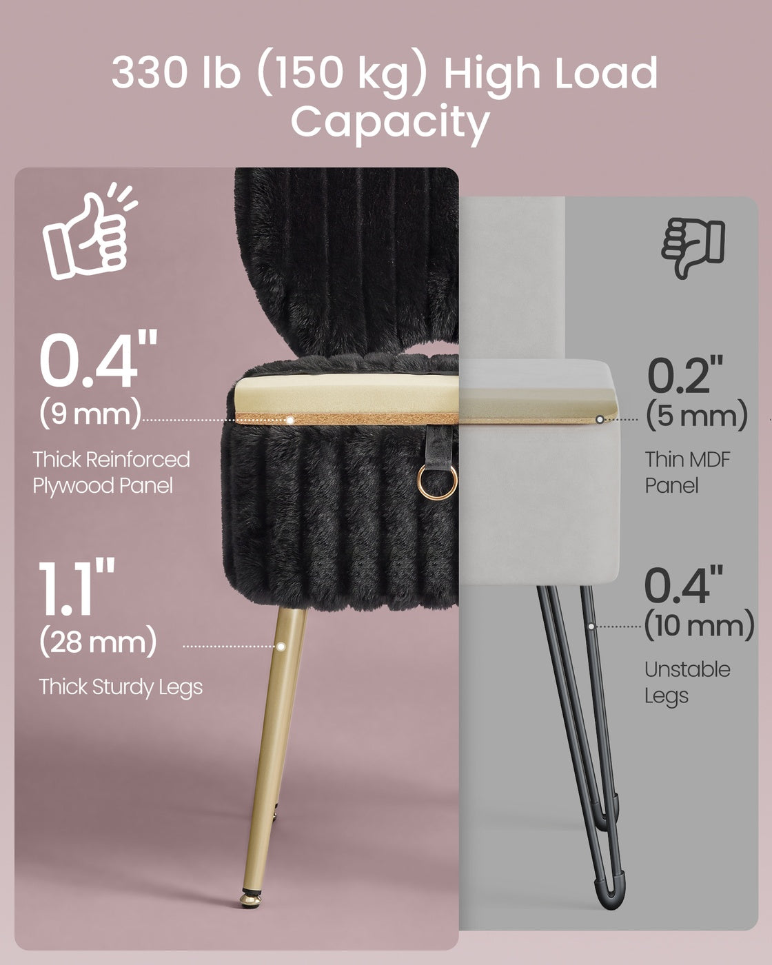 Small Vanity Chair with Storage and Folding Back - Ink Black