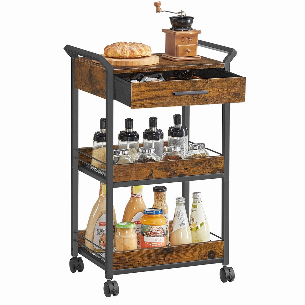 Storage Cart - 3-Tier Rolling - Rustic Brown and Black - Rustic Brown, Ink Black - 11.8"D x 18.2"W x 27.8"H