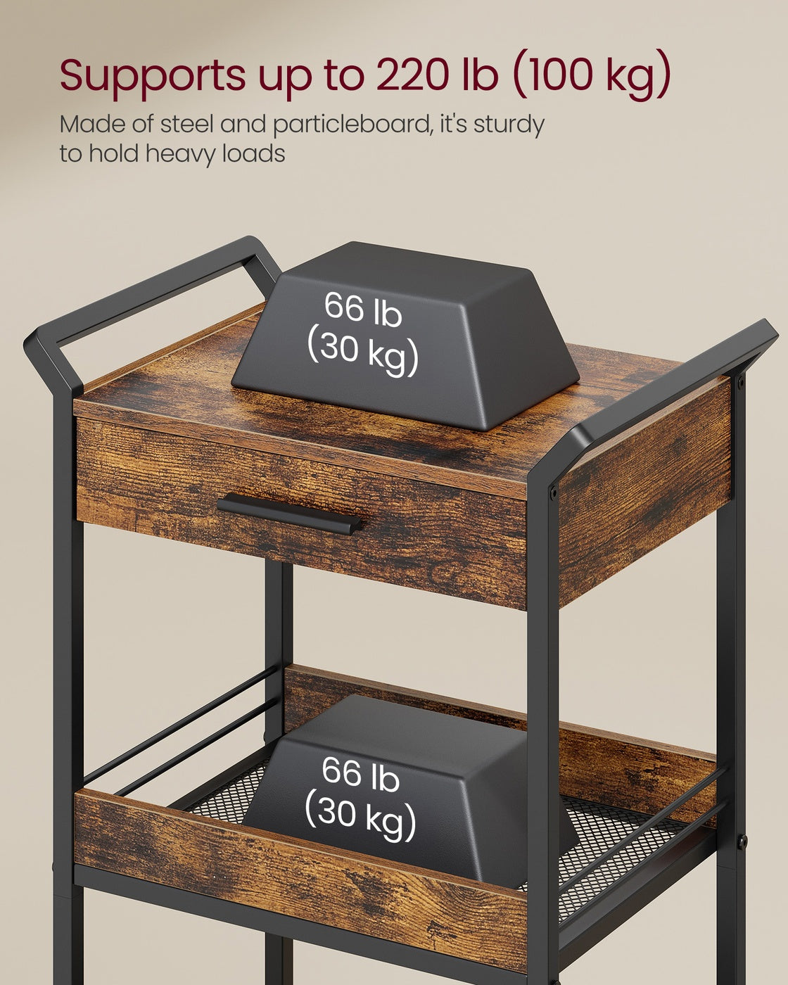 Storage Cart - 3-Tier Rolling - Rustic Brown and Black - Rustic Brown, Ink Black