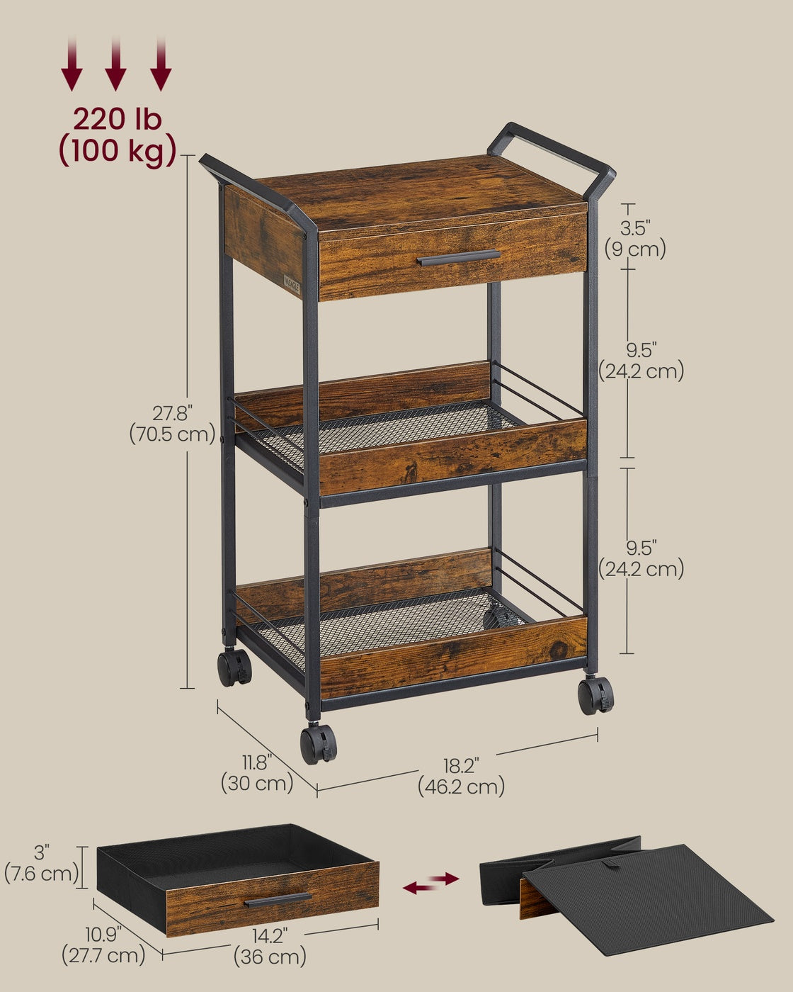 Storage Cart - 3-Tier Rolling - Rustic Brown and Black - Rustic Brown, Ink Black