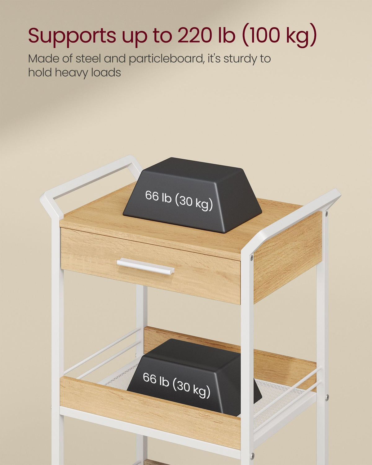 Storage Cart - 3-Tier Rolling - Top Drawer - Mesh Shelves