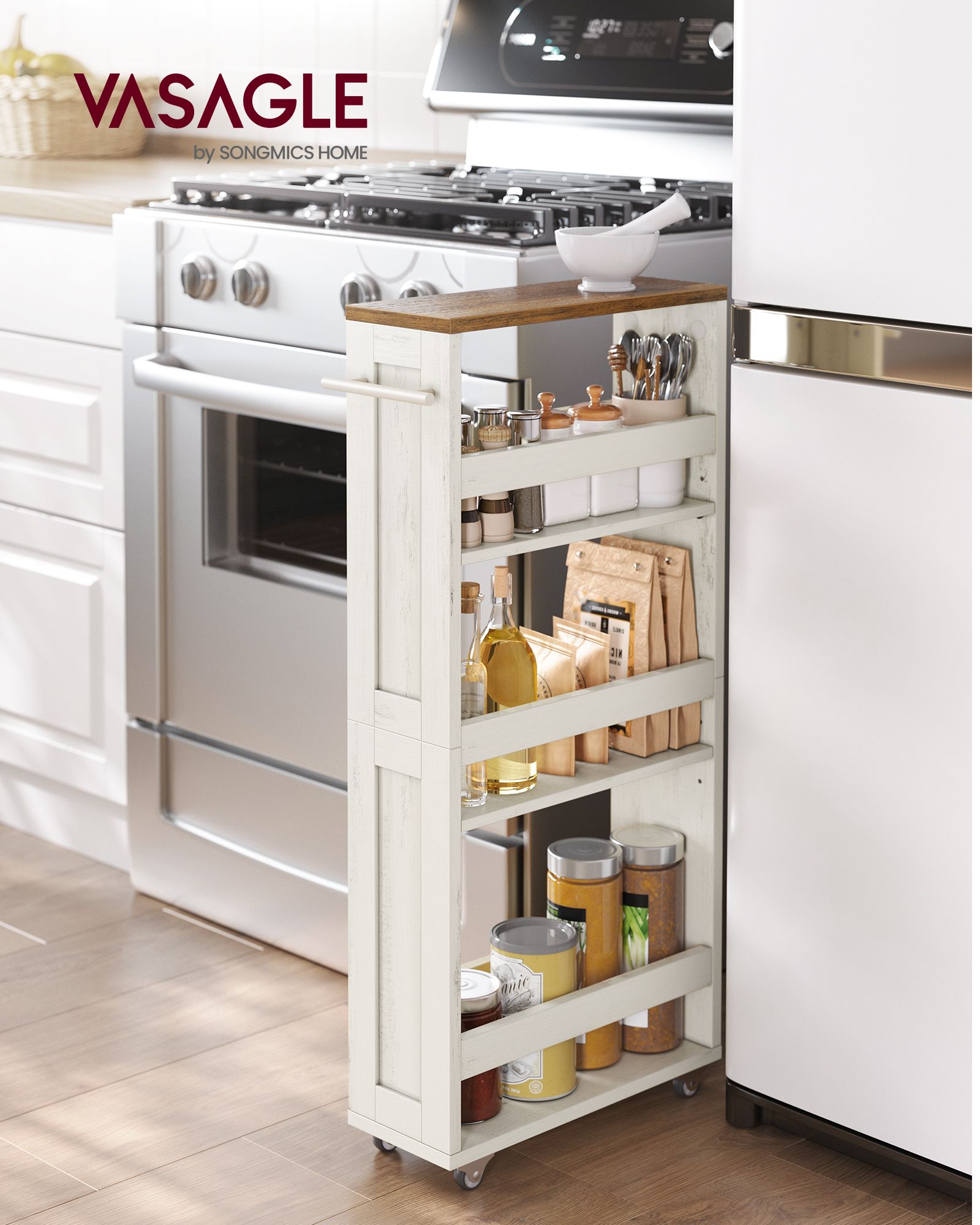 4-Tier Slide-Out Storage Cart - Slim Kitchen Cart for Small Spaces - White, Rustic Brown