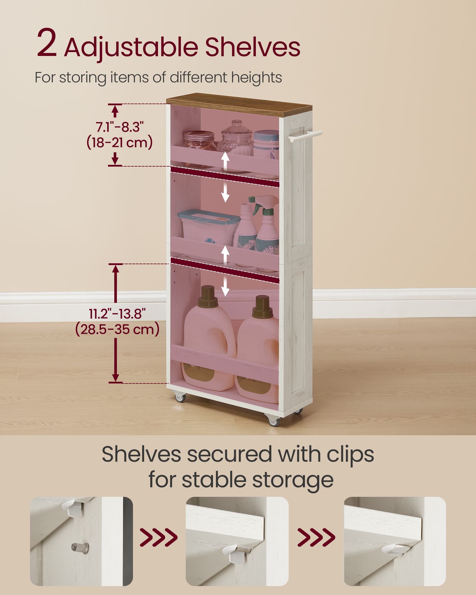 4-Tier Slide-Out Storage Cart - Slim Kitchen Cart for Small Spaces - White, Rustic Brown