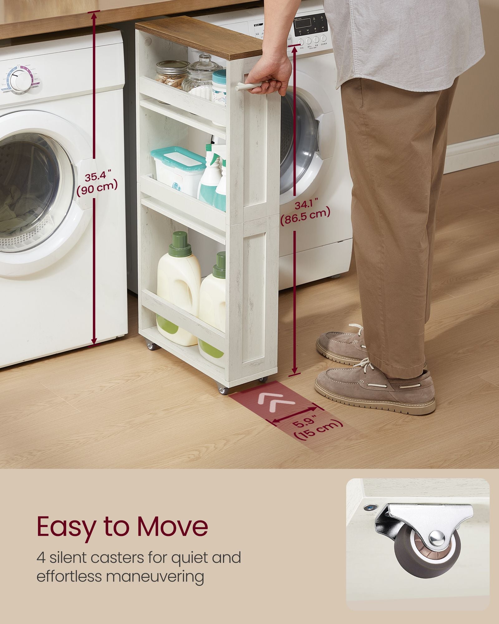 4-Tier Slide-Out Storage Cart - Slim Kitchen Cart for Small Spaces - White, Rustic Brown