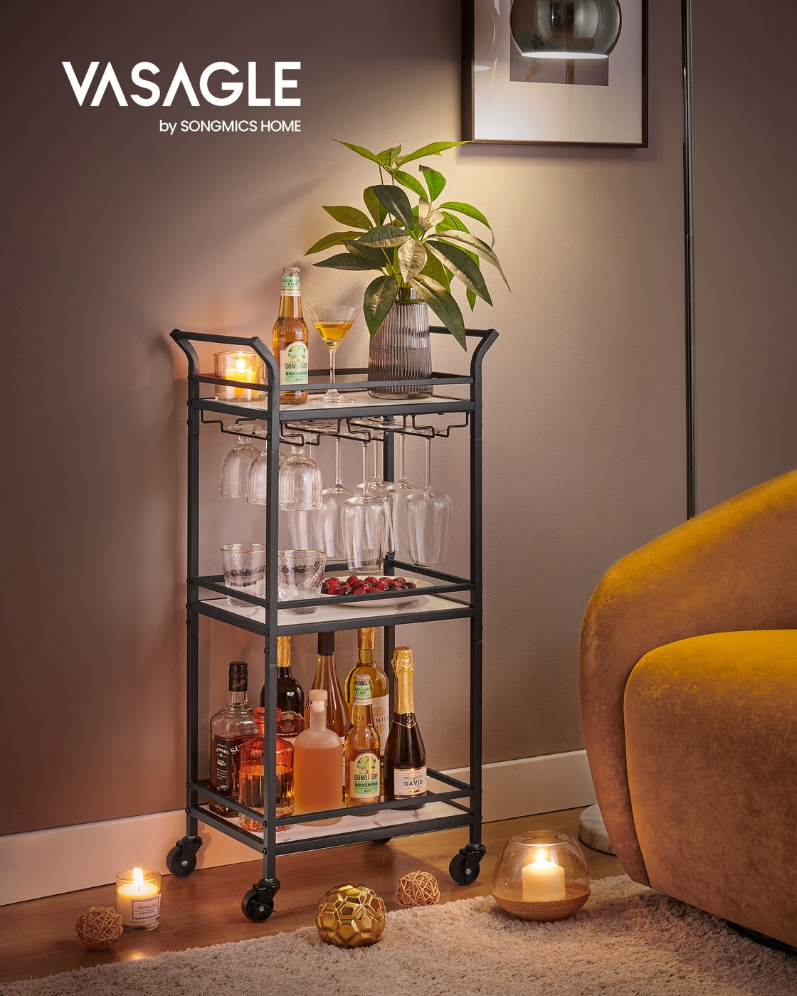 Bar Cart - 3-Tier Shelf - Ink Black - Ink Black