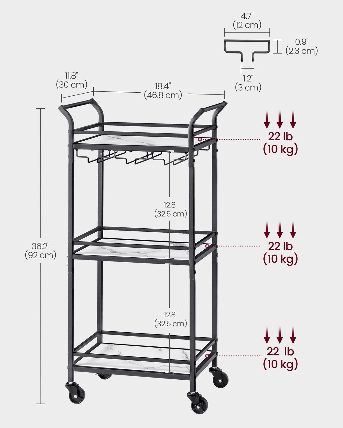 Bar Cart - 3-Tier Shelf - Ink Black - Ink Black