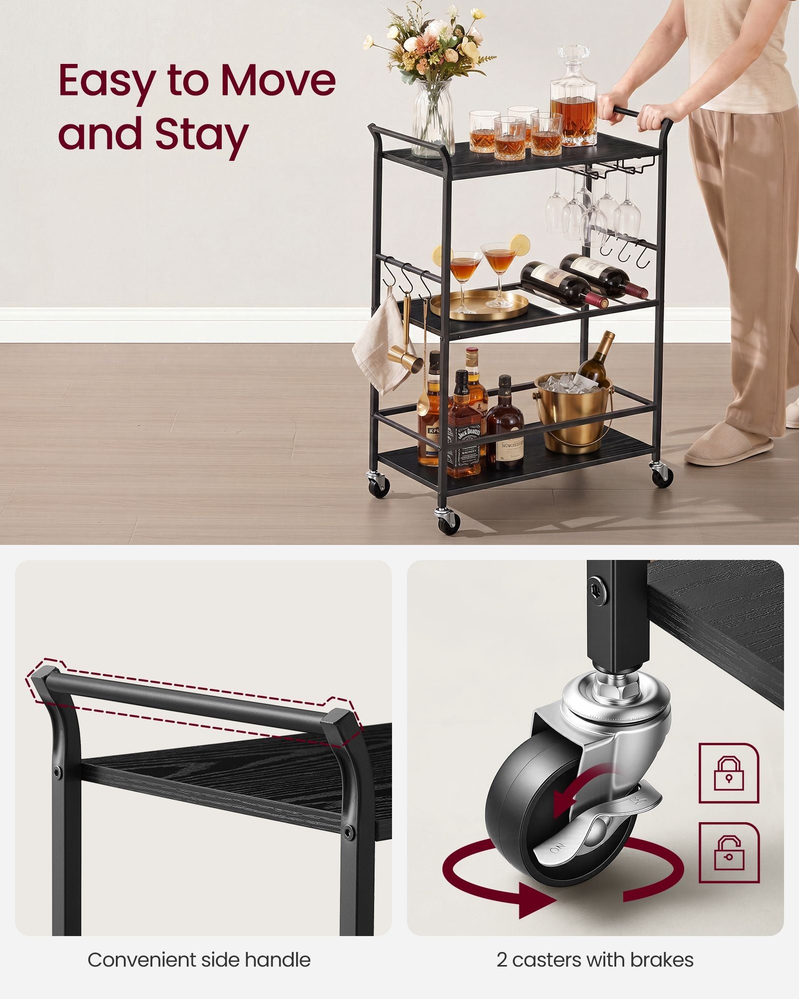 3-Tier Bar Cart - Black, Matte Black