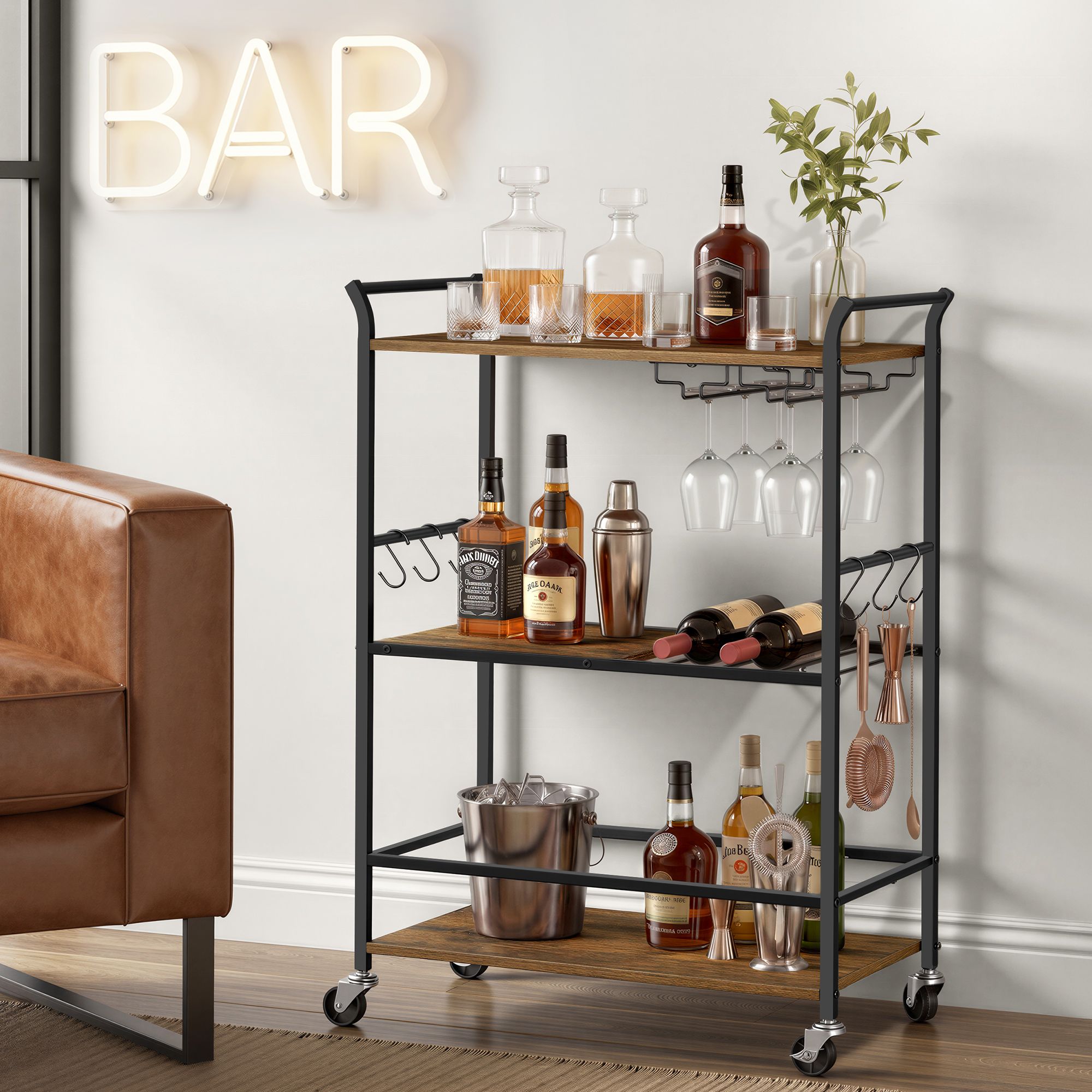3-Tier Bar Cart - Rustic Brown, Matte Black - 25.4 x 12.6 x 33.7 inch