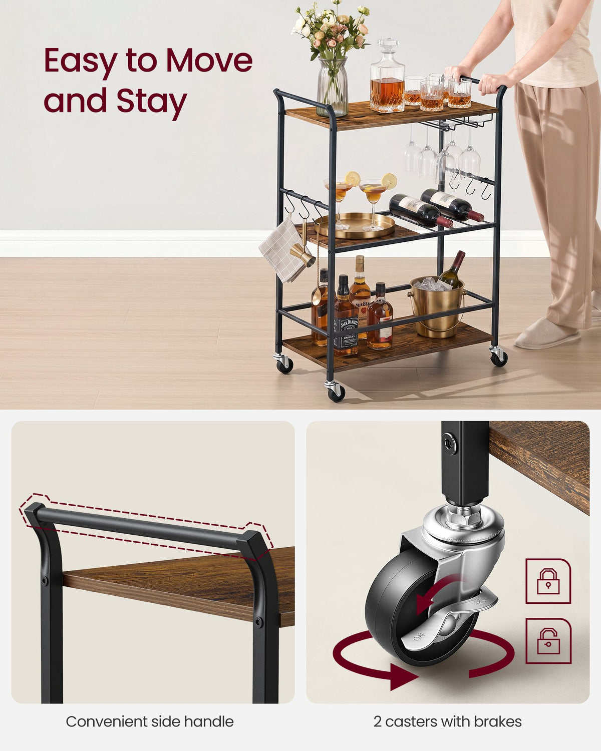 Bar Cart - 3-Tier - Steel Frame